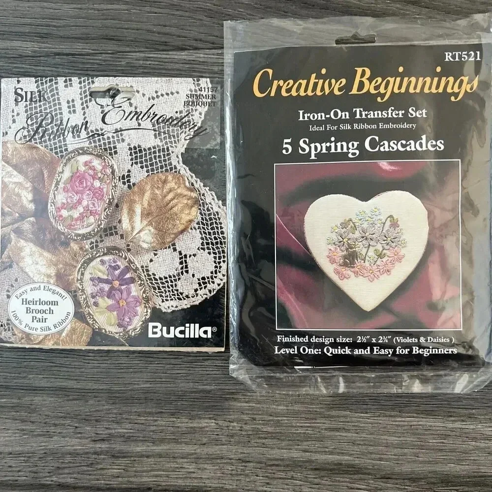 Vtg Bucilla Silk Ribbon Brooch Embroidery Kit 41157 Creative Beginnings Iron On